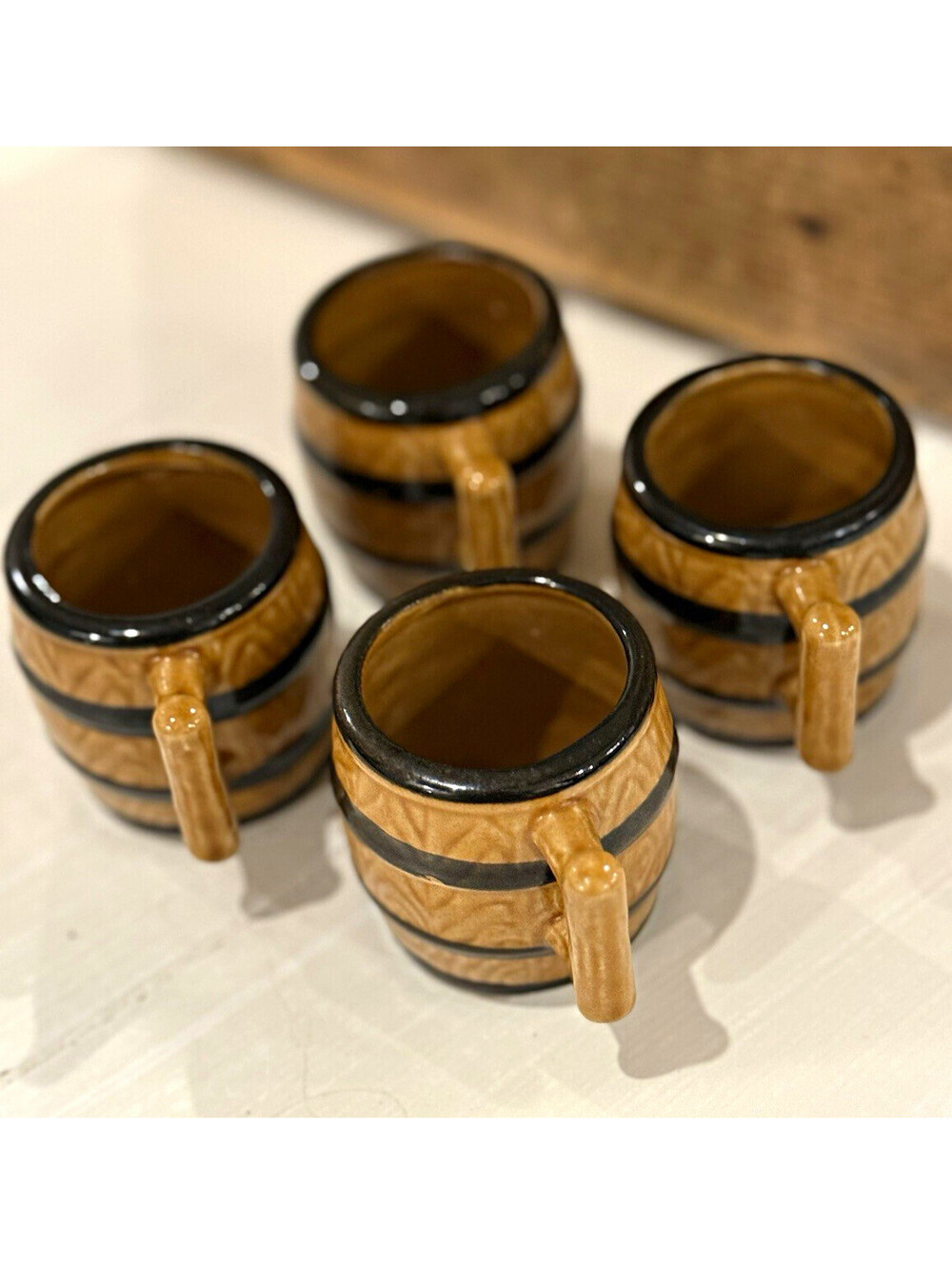 Vintage Mid Century Miniature Barrel Mugs, Set of 4, Barware 1960s Kitsch